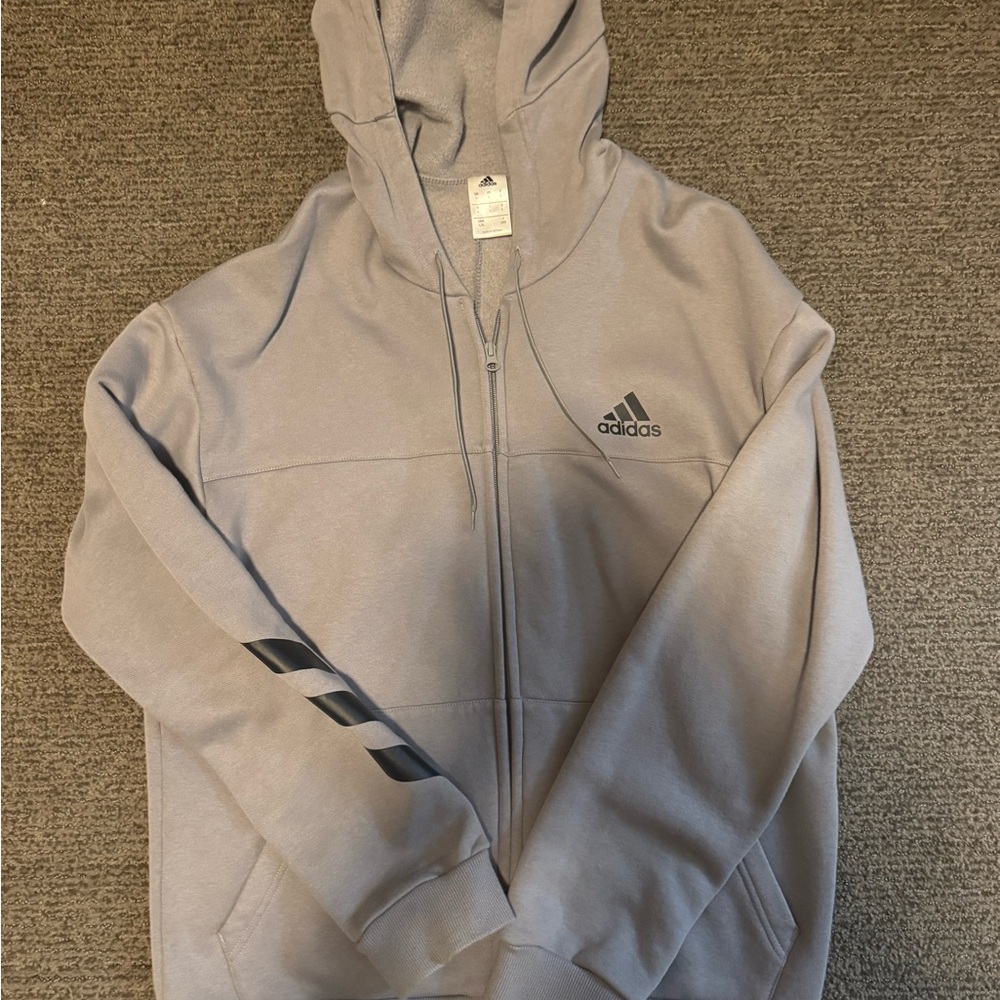 adidas Light Gray Zip-Up Hoodie with Black Stripe Accent